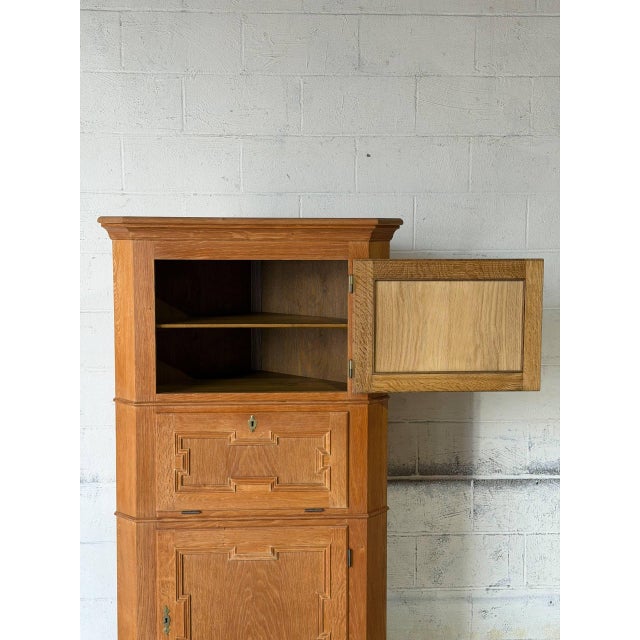 Brown In Style of Henning Kjærnulf Oak Corner Storage Cabinet With 3 Paneled Doors Danish Mid-Century Modern 1970s For Sale - Image 8 of 10