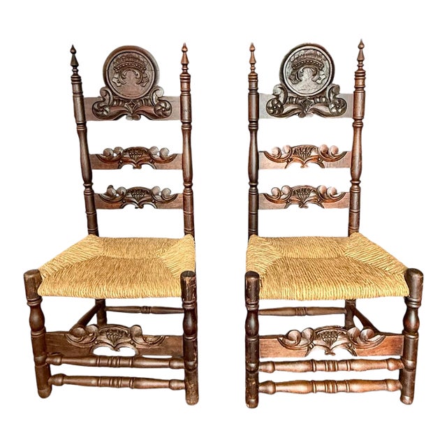 Pair Antique Victorian Carved Ladder Back Chairs-Rush Seat-Hall-19th C-Colonial For Sale