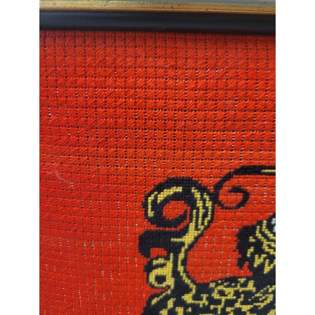 1980s Vintage Handmade Red Black Chinese Dragon Needlepoint Framed Bamboo Wall Art For Sale - Image 5 of 6