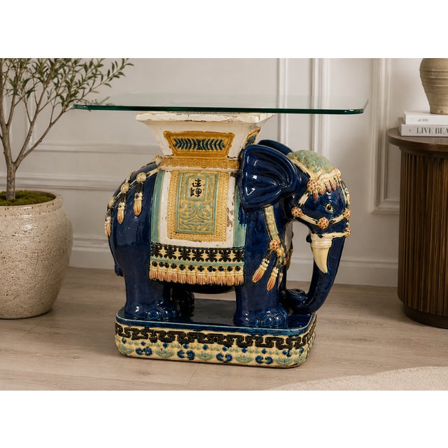 Chinoiserie Vintage Chinese Glazed Ceramic Royal Elephant Garden Seat, Side Table, With Custom Glass Top, Chinoiserie For Sale - Image 3 of 7