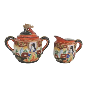 Japanese Moriage Satsuma Style Hand Painted Creamernd Sugar Bowl - A Pair