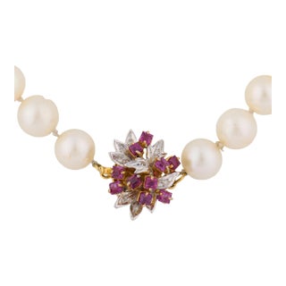 Vintage Ruby Diamond Pearl 14k Yellow Gold Necklace For Sale