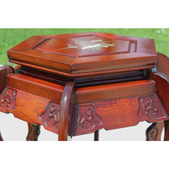Vintage Chinese Rosewood Hexagonal Plant Stand / Pedestal With Mother-of-Pearl Inlay For Sale - Image 9 of 16