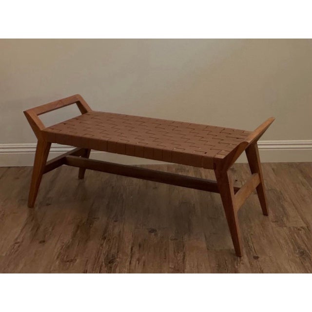 Mid-Century Modern Attributed to Union Home Cove Brown Leather Bench in Recycled Teak For Sale - Image 3 of 8