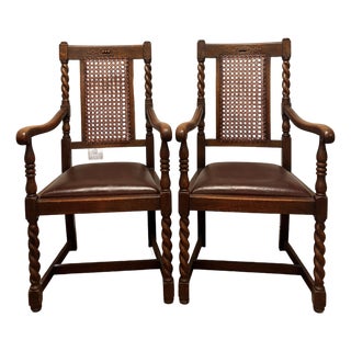 English Oak Chairs With Caning and Barley Twist Detail - A Pair For Sale