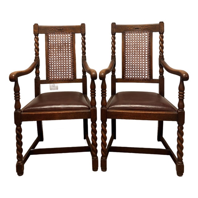 English Oak Chairs With Caning and Barley Twist Detail - A Pair For Sale