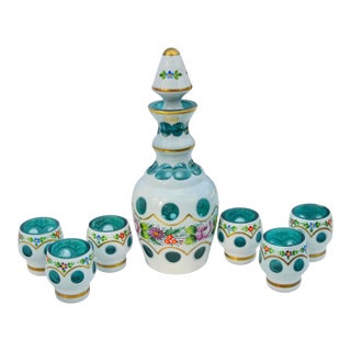 Mid 20th Century Hand-Blown Green Cut-to-Clear Crystal Decanter & Glasses Set- 7 Pieces For Sale