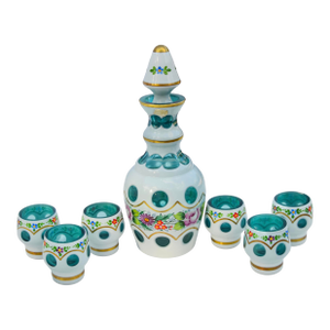 Mid 20th Century Hand-Blown Green Cut-to-Clear Crystal Decanter & Glasses Set- 7 Pieces