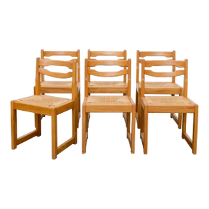 1960s Maison Regain Brutalist Elm + Rush Dining Chairs - Set of 6