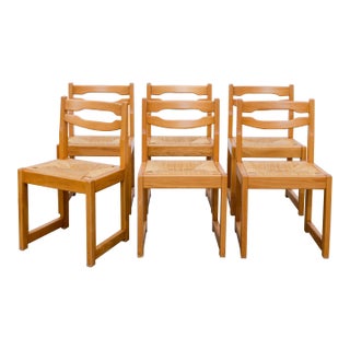 1960s Maison Regain Brutalist Elm + Rush Dining Chairs - Set of 6 Available, Sold as Pairs For Sale