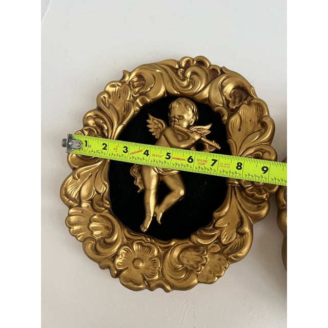Vintage Ardco Cherub Wall Plaques Gold Rococo Putti Art Set of 2 Hollywood Regency Decor Black Velvet Japan For Sale - Image 9 of 12