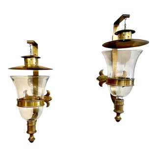 Pair of Mid Century Brass and Glass Sarreid Candle Sconces For Sale