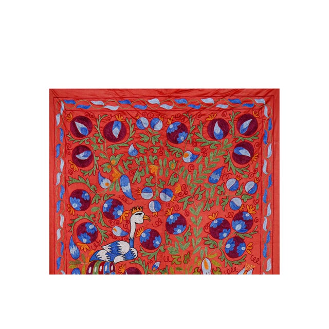 Mid-Century Modern Red Suzani Embroidered Wall Hanging With Peacocks – Silk Cotton Boho Textile 3'4'' X 6'1'' For Sale - Image 3 of 9