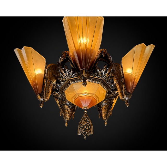 Bronze 1930s Mid-West Mfg. Soleure Series Art Deco 6-Light Slip Shade Chandelier in Cast Bronze For Sale - Image 8 of 15