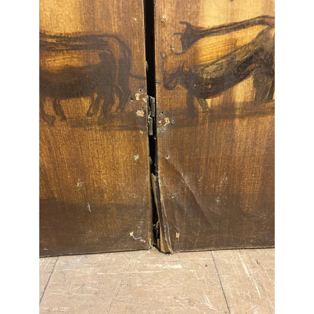 Antique Hand-Painted Folk Art Room Divider Partition 3-Panel Screen With Nautical Commercial City Harbor Scene For Sale - Image 11 of 12