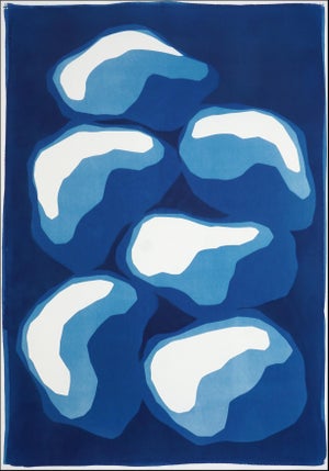 2026, Abstract Geometric Representation of Pile of Stones, Modern Handmade Monotype Cyanotype on Watercolor Paper