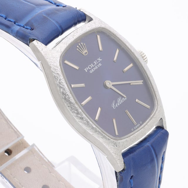 1970s Vintage Rolex Cellini Geneve 23mm 18k White Gold Blue Dial Ladies Manual Watch For Sale - Image 5 of 9