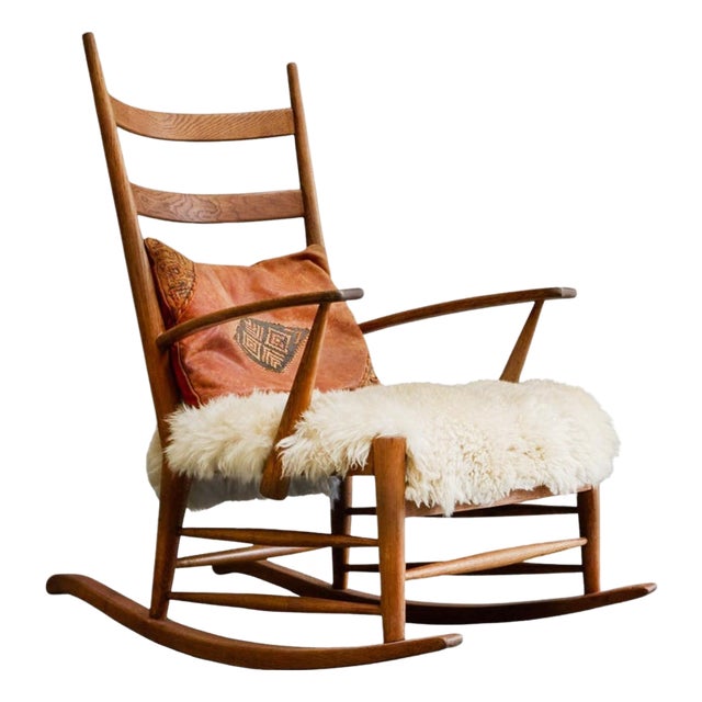 Rocking Chair in Oak and Sheepskin, 1940s For Sale