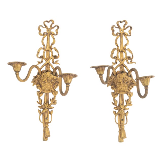 Louis XVI Style Gilt Metal Ribbon Appliques, Pair For Sale