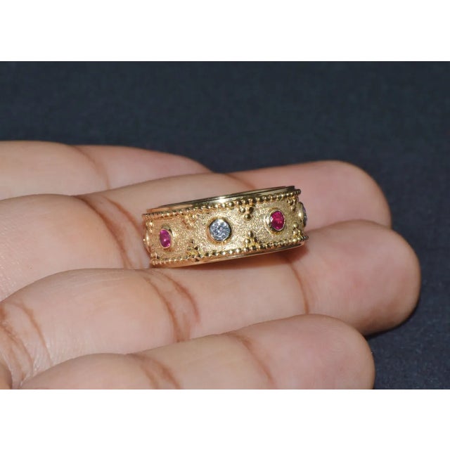 Gemstone Gorgeous Natural Diamond Ruby 18K Solid Gold Byzantine Beaded Greek Ring Stacking Band, size 5.75 For Sale - Image 7 of 10