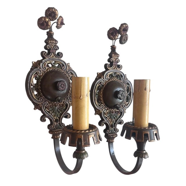 Antique Patina Painted Floral, Roping and Filigree Sconces Circa 1920 - a Pair For Sale - Image 4 of 5