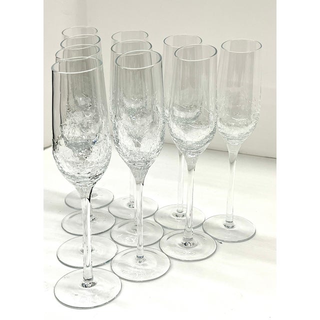 Glass Mid 20th Century Stemware Set of 10 Beautiful Modern Champagne Flutes With Ice Crackle Effect For Sale - Image 7 of 18