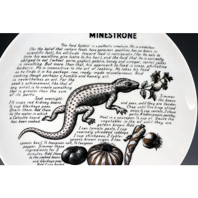 1960s Piero Fornasetti Porcelain Cook Plates-Calcutta Minestrone and Corfam Du Pont With Original Faux Hide Box For Sale - Image 5 of 11
