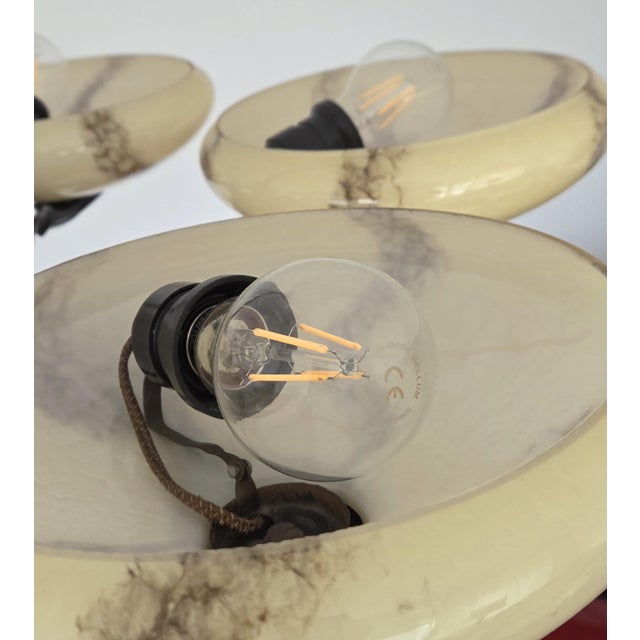 1930s 5-Arm Art Deco Chandelier Marbled Glass Shades Brass Accents, Antique European Lamp For Sale - Image 14 of 16