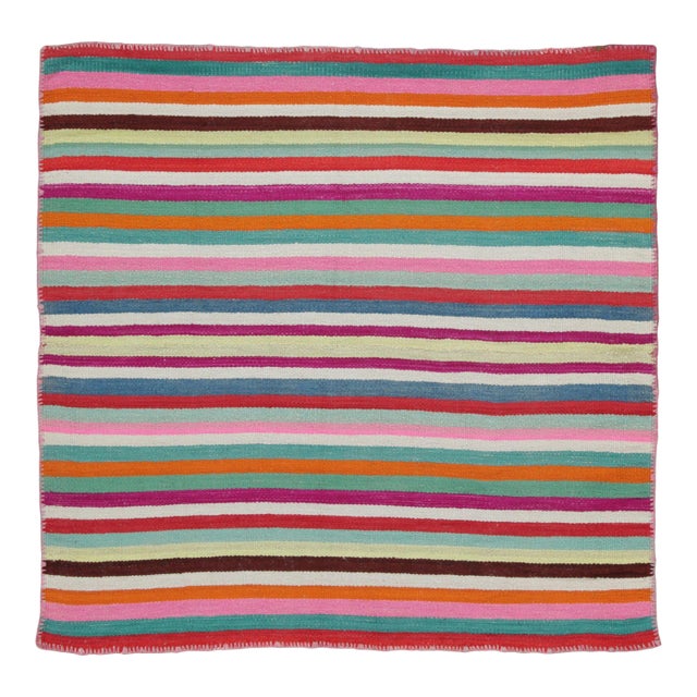 Vintage Peruvian Square Kilim, Vibrant Polychromatic Stripes - Rug & Kilim For Sale
