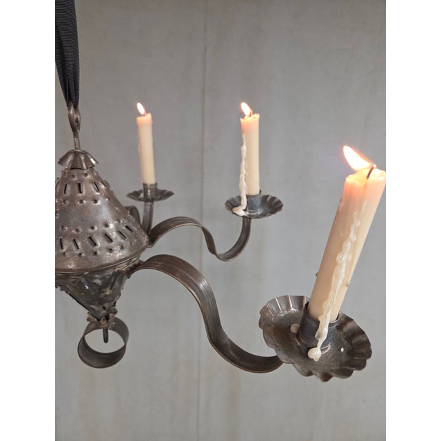 Antique Punched Tin Six-Arm Candle Chandelier, New Mexico, Spanish Colonial Style For Sale - Image 9 of 16