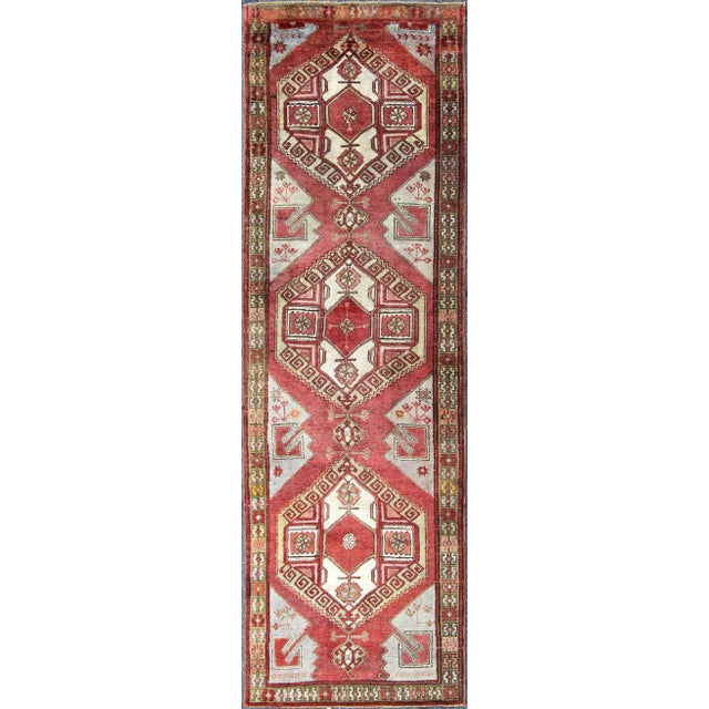 Textile Vintage Turkish Oushak Gallery Runner With Geometric Design in Red, Olive Green For Sale - Image 7 of 7
