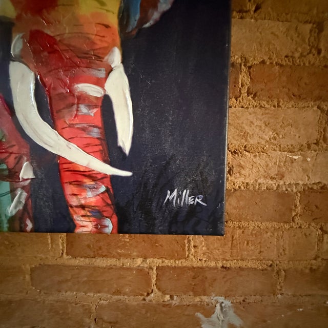 Vintage Vibrant Safari Elephant and Giraffe on Glossy Canvas Set by Sought After Tracy Miller - Set of 2 For Sale - Image 11 of 13