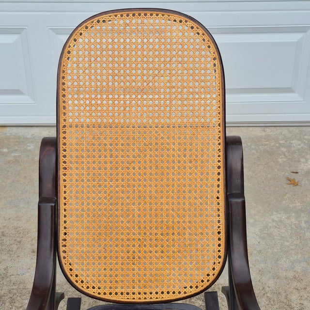 Mid-Century Modern 1970s Vintage Thonet Style Bentwood Cane Rocking Chair Dark Stained Frame For Sale - Image 3 of 12