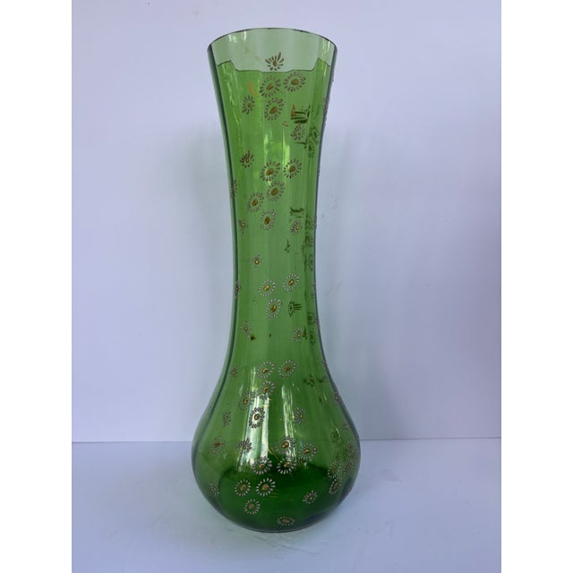 Bohemia Vintage Bohemian Green Glass Hand-Enameled Floral Vase, 12” For Sale - Image 4 of 12