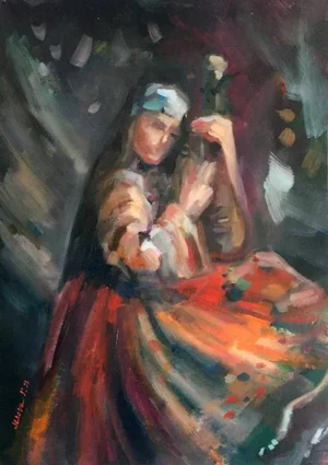 Figurative Original Painting by Valeriya Serova, Woman in National Costume With a Lute