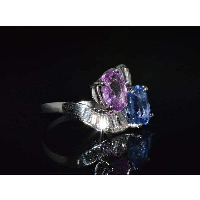 Gemstone GIA Natural 6.24CTS VS F Diamond Blue And Pink Sapphire Platinum Bypass Ring Band, size 6.75 For Sale - Image 7 of 13