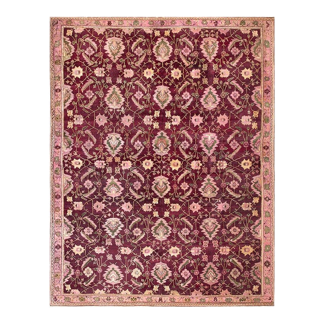 Artistic Warm Neutral Burgandy Color Antique Decorative Indian Agra Rug For Sale