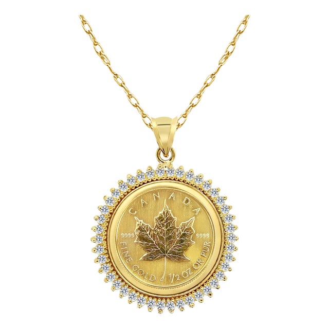 1/2OZ Fine Gold Canadian Maple Leaf Diamond Coin Necklace 16" For Sale