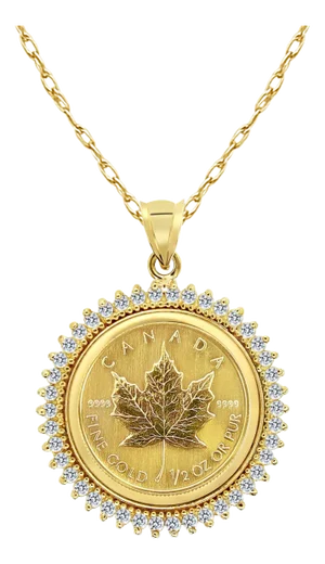 1/2OZ Fine Gold Canadian Maple Leaf Diamond Coin Necklace 16"