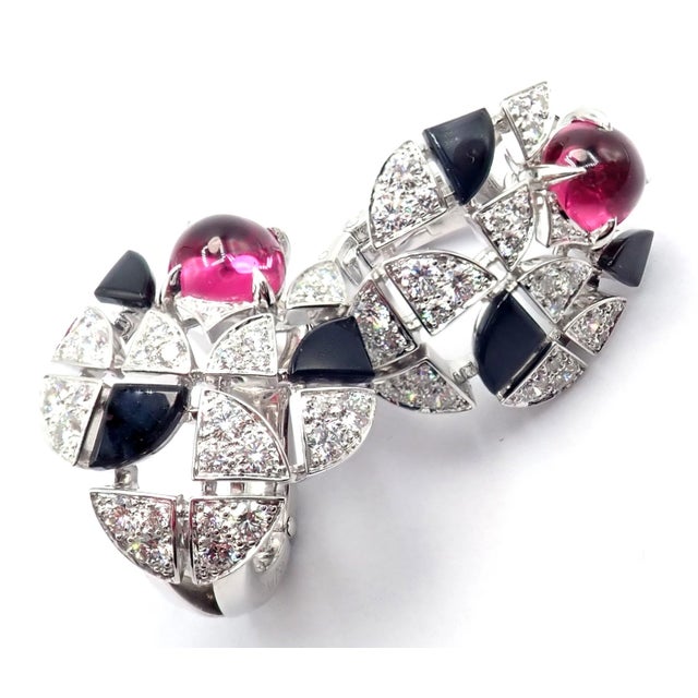 Cartier Beautes Du Monde 18k White Gold Diamond Rubellite Onyx Earrings *These earrings come with Cartier service paper...
