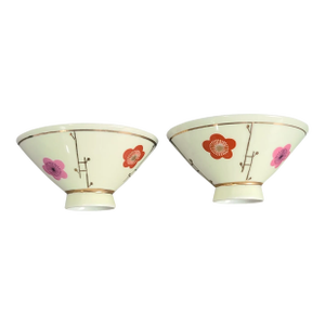 Mid-Century Modern Vintage Pair of Asian Japanese Anjyo Painted Floral Rice Bowls