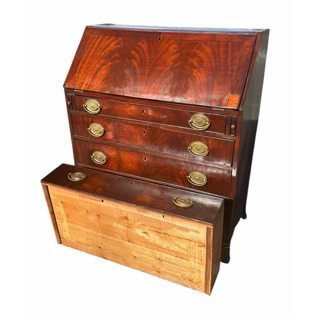 Antique George III Figured Mahogany Slant Lid Writing Desk With Rare Brass Pulls For Sale - Image 12 of 12