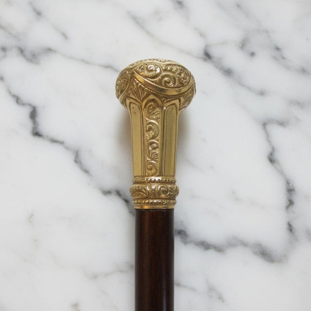 Victorian Wood Floral Chased Gold Plated Knob Children's Walking Stick Cane For Sale - Image 4 of 8