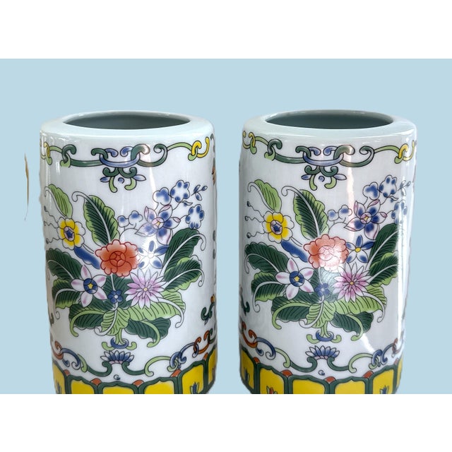Late 20th Century Late 20th Century Pair of Hand‑Painted Porcelain Brush Pots – Famille Rose Floral For Sale - Image 5 of 7