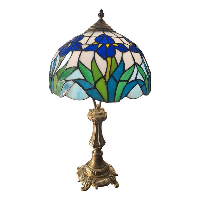 Antique Bronze Floor Lamp with Iris Glass and Lead Lampshade, 19th Century For Sale