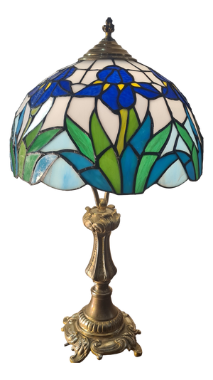 Antique Bronze Floor Lamp with Iris Glass and Lead Lampshade, 19th Century