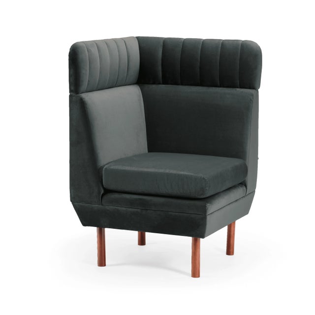 The Agnes M couch comes in Paris salmon with smooth teal piping and beech feet.