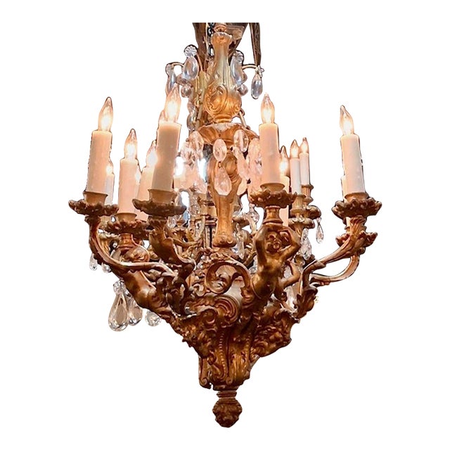 19th C. French Gilt Bronze and Crystal Cherub Chandelier For Sale