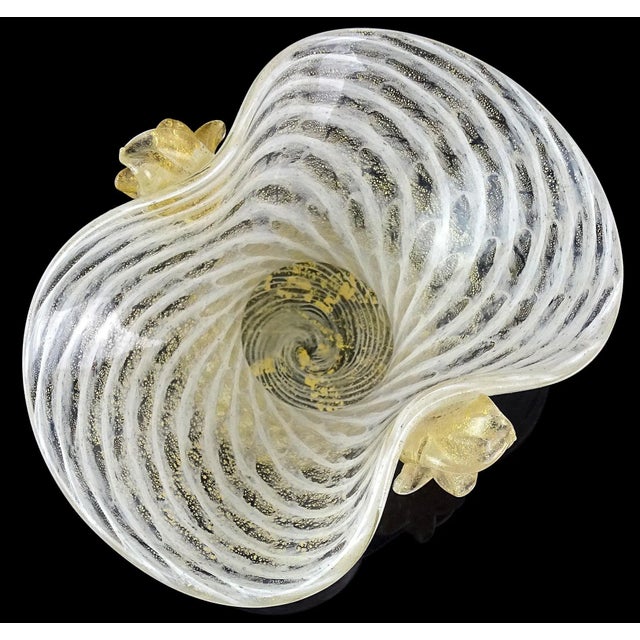 Vintage Murano Gold Flecks White Swirl Italian Art Deco Style Glass Applied Flowers Fan Shape Vase For Sale In Orlando - Image 6 of 10