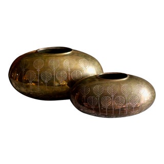 1970s Art Deco Brass Flower Motif Vases - a Pair For Sale